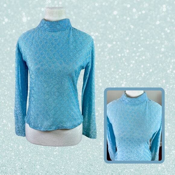 American Vintage Tops - Vintage 70s Aqua Silver Lurex Turtleneck Sparkling Stretchy Top Size S